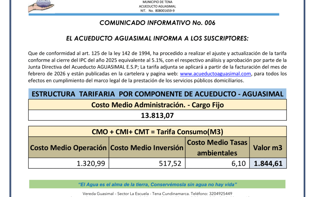 Comunicado informativo No. 006 – Ajuste de tarifas
